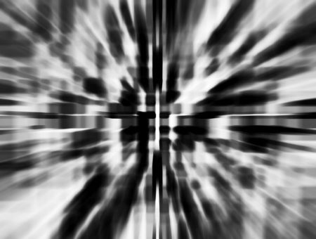 Conjectural black and white abstract of wormhole with radial blur seen from starship accelerating at warp speed 22