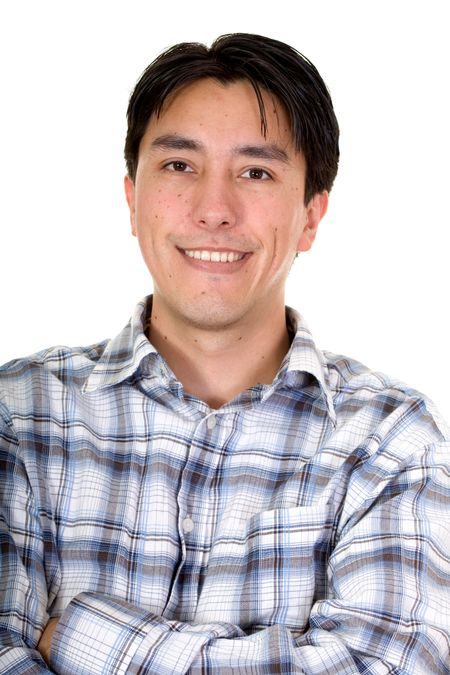 casual latin american guy smiling over a white background