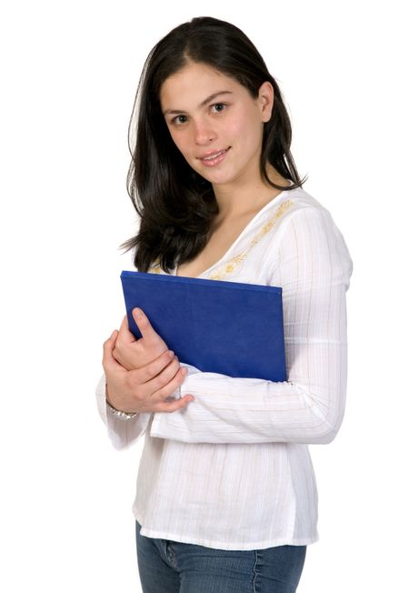 female student smiling and holding a folder over a white background
