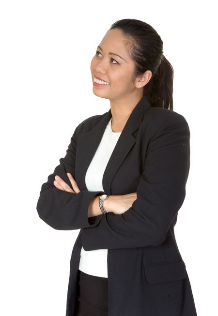 friendly asian business woman looking up over a white background