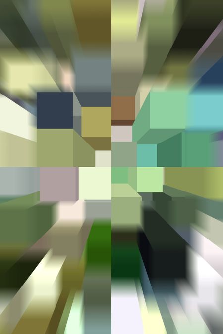 Geometric 3-D abstract illustration of city block with zoom blur, aerial view