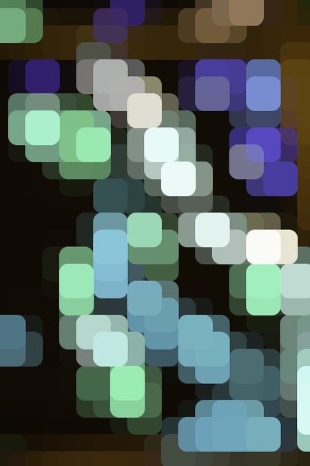 Multicolored mosaic abstract of overlapping rounded squares, like city lights, on a grid with black background