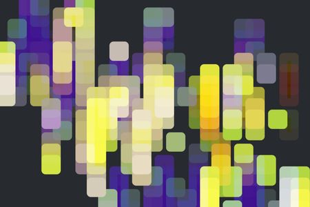 Multicolored abstract of overlapping rounded squares, like a grid of city lights, on black