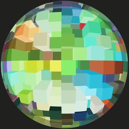Office world by day: Multicolored abstract of many skyscrapers inside a sphere, isolated on black
