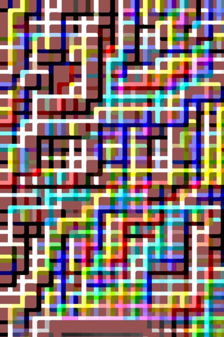 Geometric abstract of multicolored, multilevel grid on wine-red background for themes of complexity, conformity, multiplicity, or interconnection