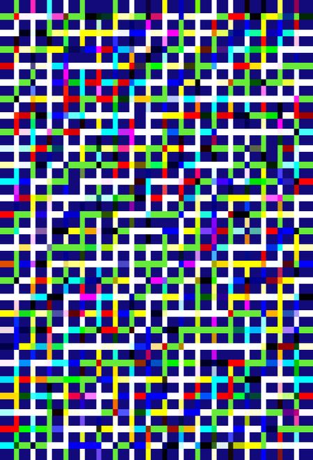 Geometric multicolored grid on dark blue for themes of interconnection, order, and organization