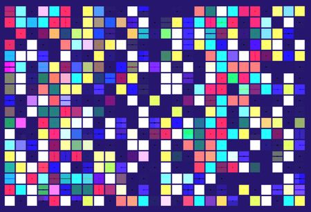 Multicolored geometric mosaic of solid squares (some with dividers) and random gaps, with a scattering of small black dots, on dark blue background, for tiled art deco effect