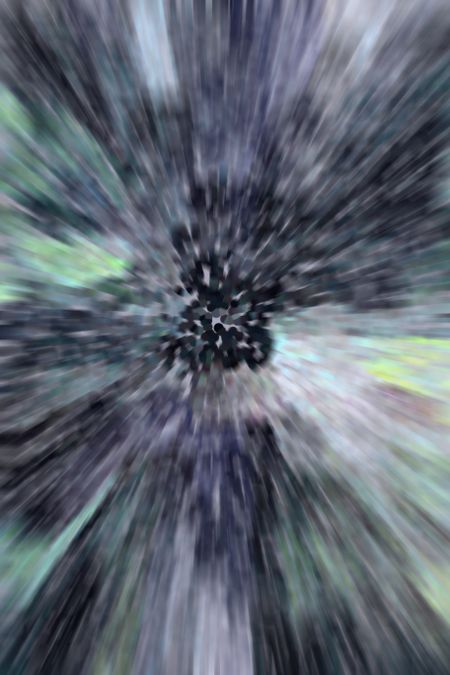 Imaginary pointillist abstract of a cluster of black holes, like the head of a dark flower, with radial blur to simulate distortion of travel at speed faster than light