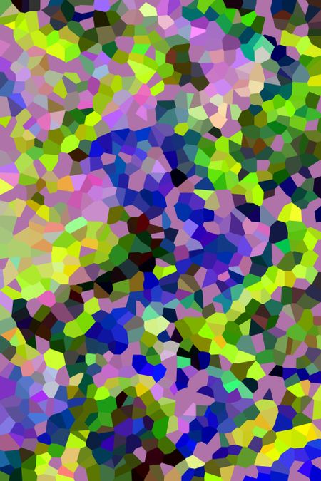 Multicolored crystallized kaleidoscopic abstract of small, solid, irregular polygons with festive, outdoor, or nature themes