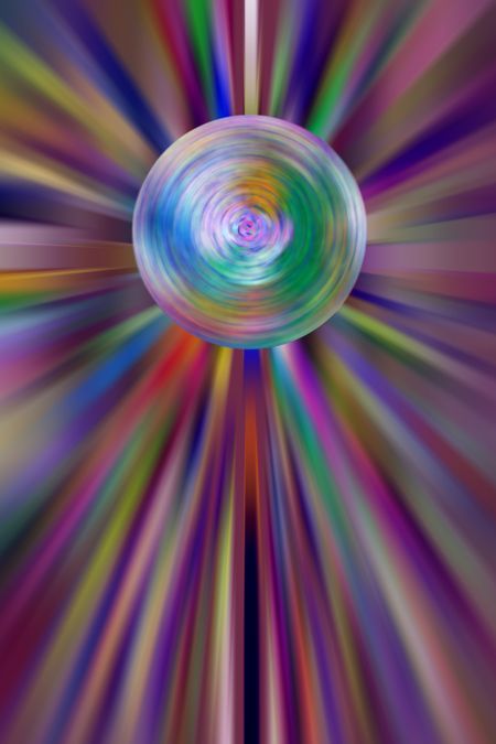 Abstract of spinning globe surrounded by multicolored rays with radial blur, for global or scientific themes