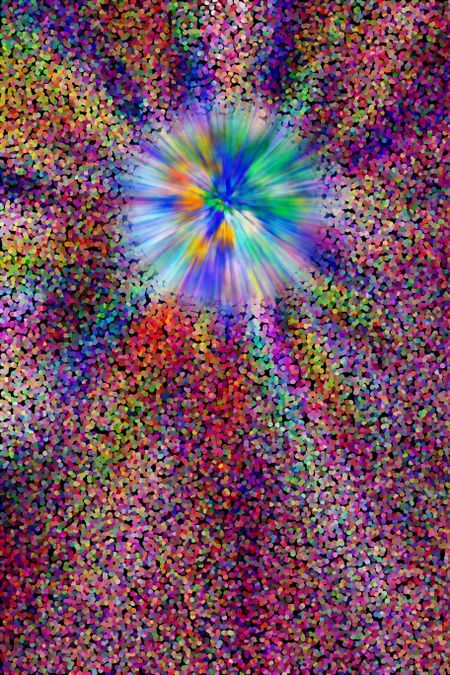 Decorative abstract of a star exploding like a burst of fireworks in a multicolored pointillist cosmos, for astronomical or other scientific or futuristic themes