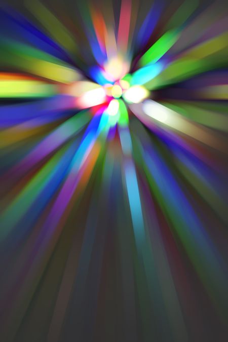 Multicolored abstract of many streaks with radial blur converging on a bright core, for themes of creation, transformation, and radiance