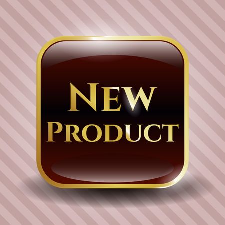 New product shiny emblem. Gold design with background.