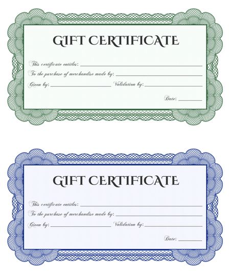 Two green and blue gift certificate template. Compex desgin, isolated, ready to use.