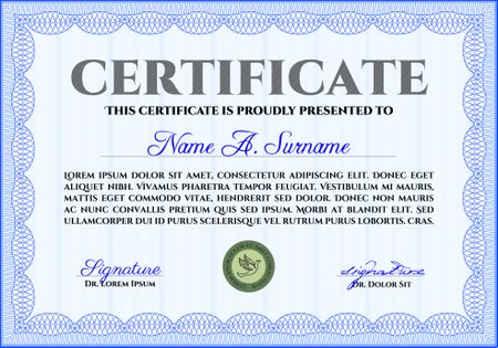 Blue certificate or diploma template. Complex design.