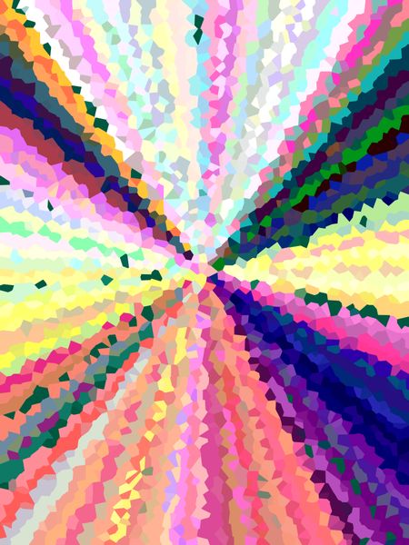 Multicolored abstract of crystallized, serrated rays with decorative distortion for themes of convergence and multiplicity