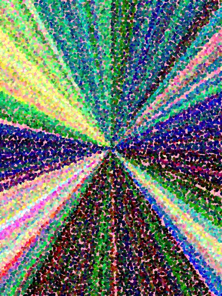 Kaleidoscopic cosmos: Multicolored abstract illustration of convergent pointillist rays for decorative or background themes of centrality, origin, expansion, or diversity