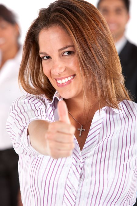 business woman thumbs up - isolated over white