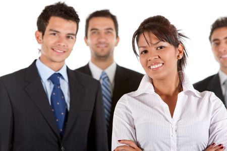 Business team smiling isolated over a white background