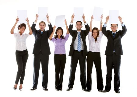 Group of businesspeople isolated holding white cardboards to fill in