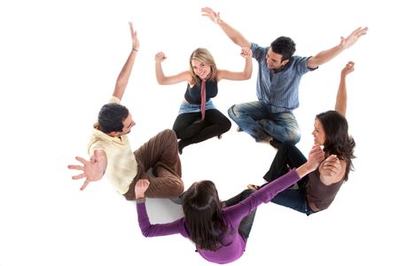 Excited group of friends on the floor isolated