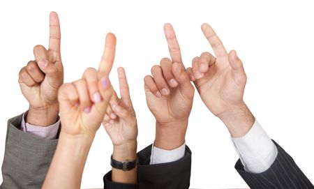 Raised hands isolated over white - business concepts