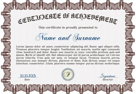 Red frame certificate or diploma template with complex border and sample text.