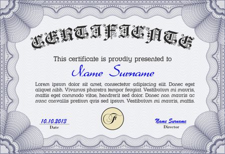 Blue certificate template, complex design.