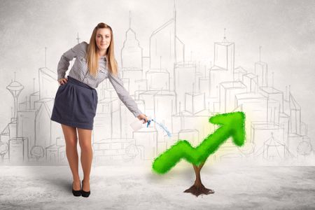 business-woman-watering-green-plant-arrow-258766823 Business woman watering green plant arrow concept on background
