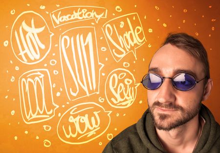 Cool teenager with summer sun glasses and vacation typography concept