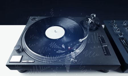 Turntable playing music with hand drawn cross lines concept on background