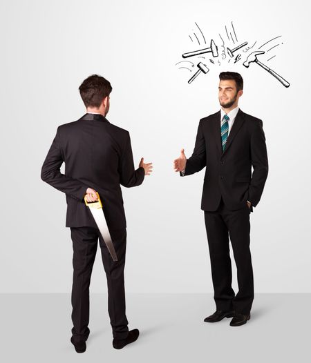 ruthless-businessman-hiding-weapon-white-drawn-258782204 Ruthless businessman hiding a weapon white drawn beating hammer marks