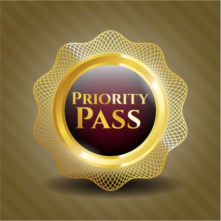 Priority Pass golden emblem with brown background. 