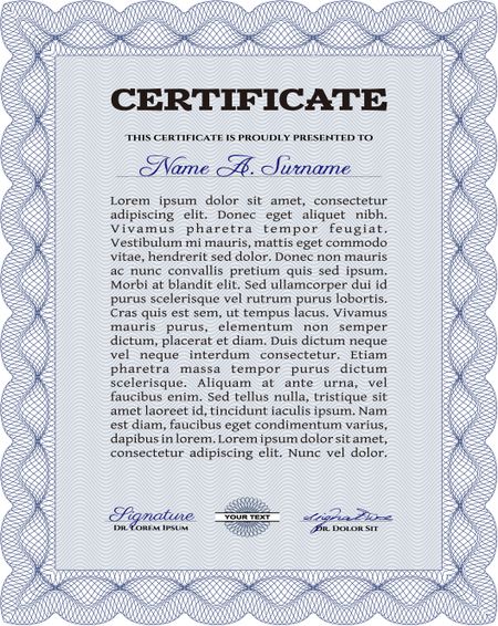 Blue vertical certificate template with complex border design. 