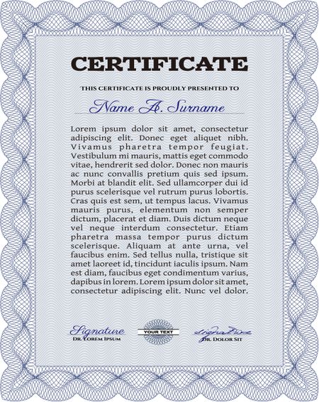 Blue vertical certificate template with complex border design.