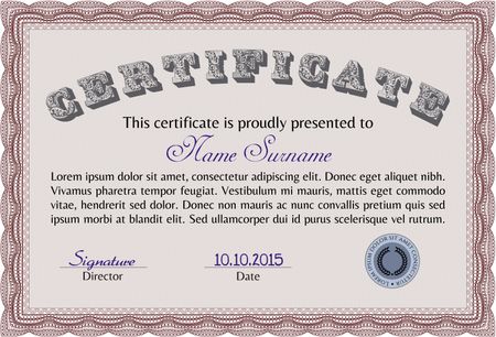 EPS10 Vector illustration: Red certificate or diploma template. Complex border line design. 