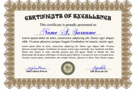 Certificate or diploma template with sample text.