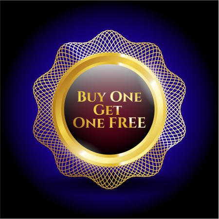 Buy one get one free golden emblem with blue background.