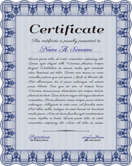 Blue vertifcal certificate or diploma template. Complex border design.