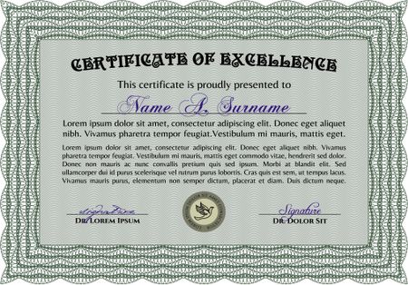Green certificate or diploma template. Horizontal vector illustration.