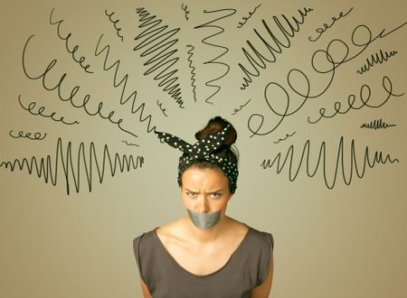 Young woman with taped mouth and curly lines around her head