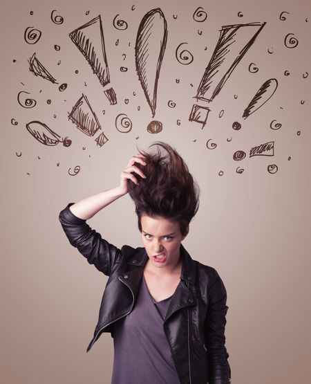 Young woman with hair style and hand drawn exclamation signs concept on background