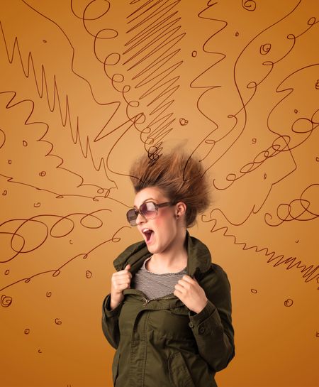 Excited young woman with extreme hairtsyle and hand drawn lines concept on background