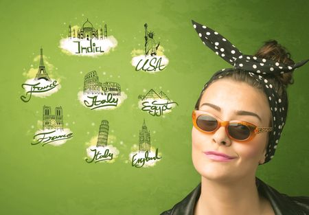 Happy young girl with sunglasses traveling to cities around the world concept