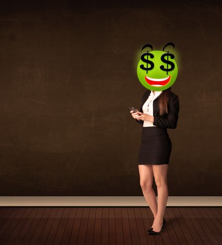 Businesswoman with dollar sign smiley face