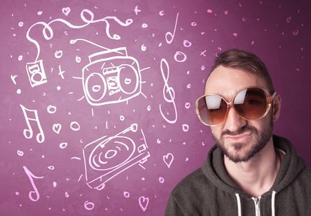 Happy funny guy with shades and hand drawn media icons concept on background