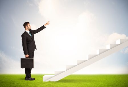 Business person climbing up on white staircase in nature background concept