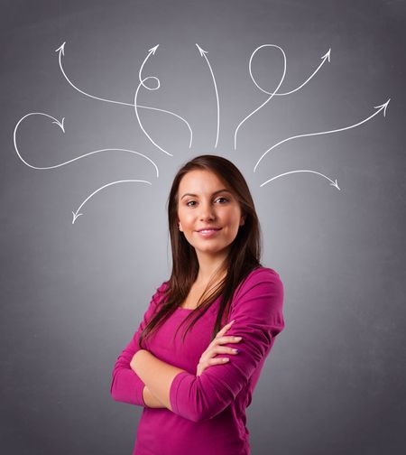 Pretty young girl thinking with arrows overhead