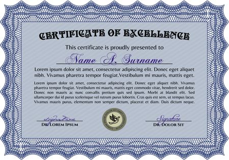 Blue certificate or diploma template with complex border design.