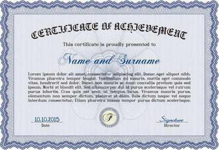 Blue certificate or diploma. Complex border design with complex linear background